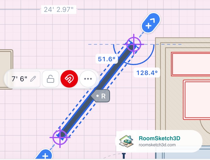 A selected free-standing slanted wall with a dashed horizontal guide through its start and arcs reading 51.6 and 128.4 degrees — RoomSketch3D floor planner