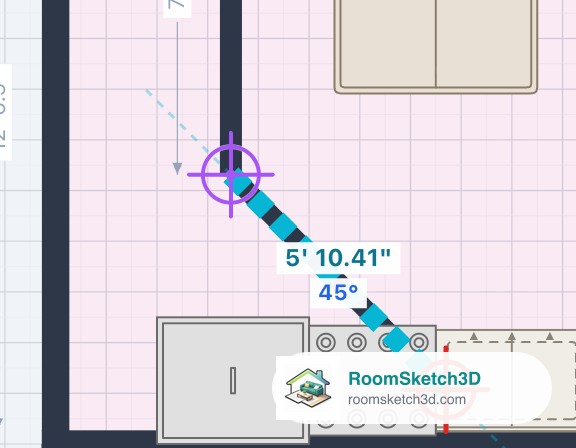 Pulling a new wall out of the end of a drawn wall: the live length 5 feet 10.41 inches with 45 degrees in blue under it — RoomSketch3D room planner app