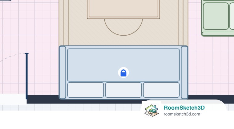 A sofa on a RoomSketch3D floor plan with a small blue padlock in its middle, showing it is locked