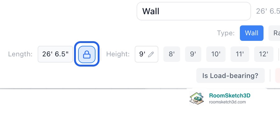 The RoomSketch3D wall panel with Length 26 feet 6.5 and the blue locked padlock beside it