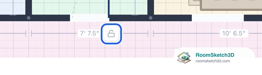 Hovering a 7 feet 7.5 measurement on a RoomSketch3D plan shows an open padlock button beside it