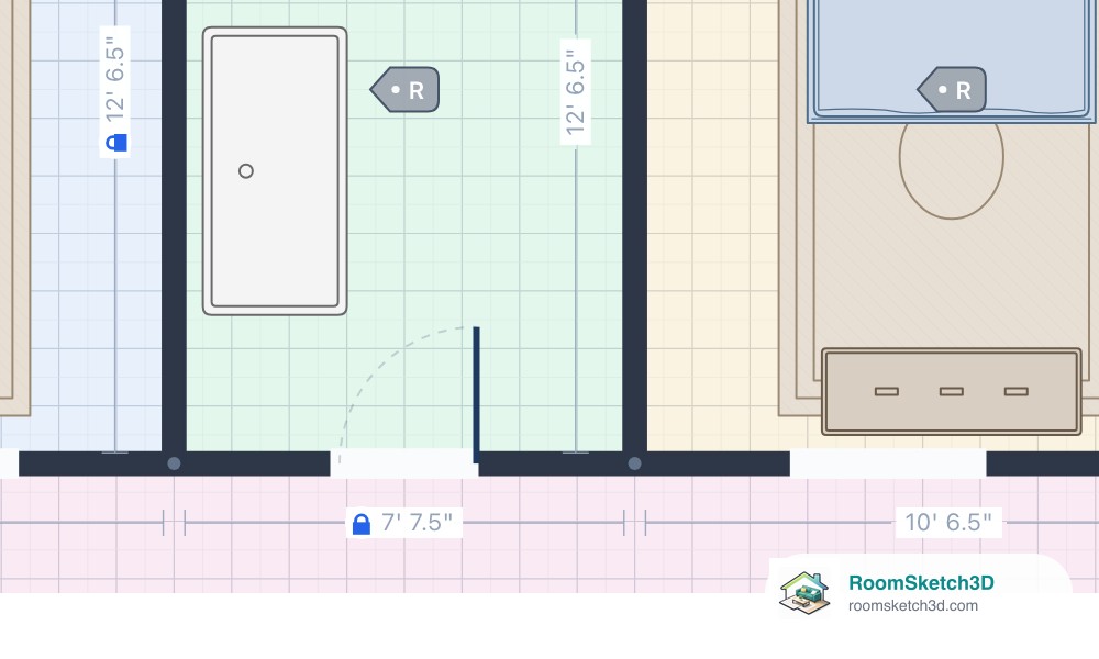 A RoomSketch3D plan with blue padlocks in the 12 feet 6.5 label beside an interior wall and the 7 feet 7.5 label below the bathroom