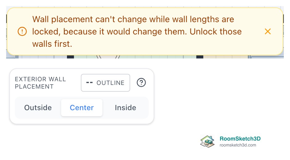 Plan Settings Walls tab in RoomSketch3D with Exterior Wall Placement, and the message that wall placement can't change while wall lengths are locked