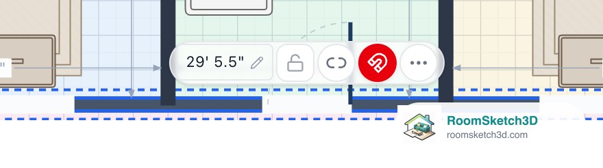 The bar beside a selected interior wall in RoomSketch3D: length 29 feet 5.5 inches, padlock, a white broken-link button, the red magnet and the three-dot button