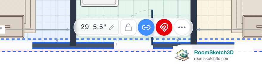 The same wall bar with the link button now blue with a solid link icon — RoomSketch3D home design app