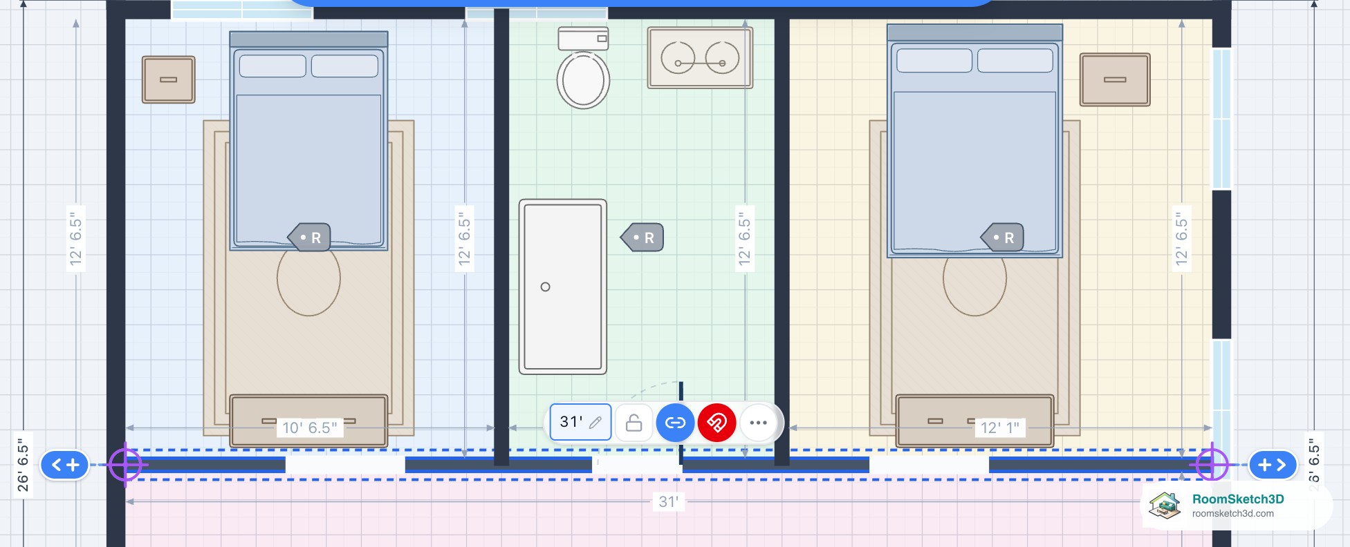 The top of the Medium 2-Bedroom plan after typing 31 feet with the link on: the right outside wall has moved out, the plan reads 32 feet 1 inch wide and the right bedroom 12 feet 1 inch — RoomSketch3D room planner app