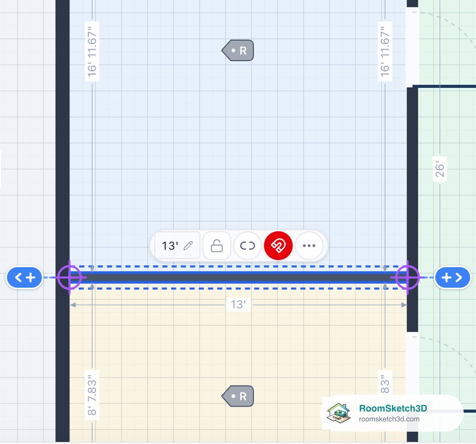An interior wall dragged down in a blank plan with the link off: the room above now reads 16 feet 11.67 inches, the one below 8 feet 7.83 inches, and the wall it rests on hasn't moved — RoomSketch3D floor planner