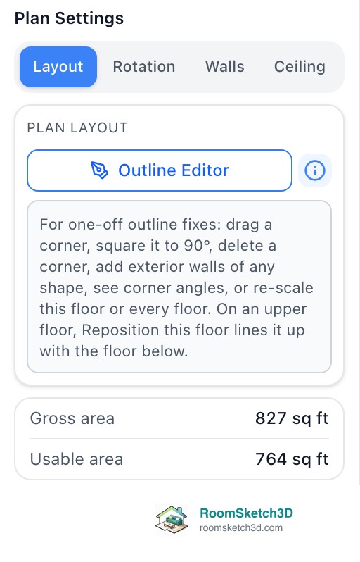 RoomSketch3D Plan Settings on a computer with the Layout tab open, the Outline Editor button and its note
