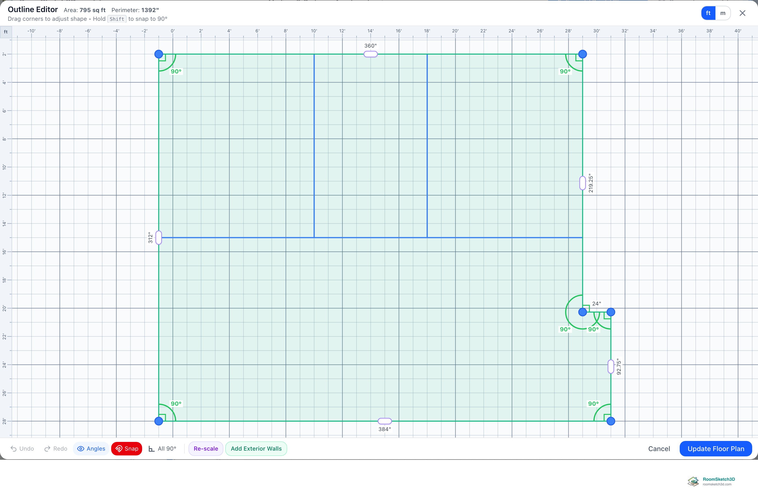 The RoomSketch3D Outline Editor with the floor outline, corner angles, and the Undo, Redo, Angles, Snap, All 90°, Re-scale and Add Exterior Walls buttons