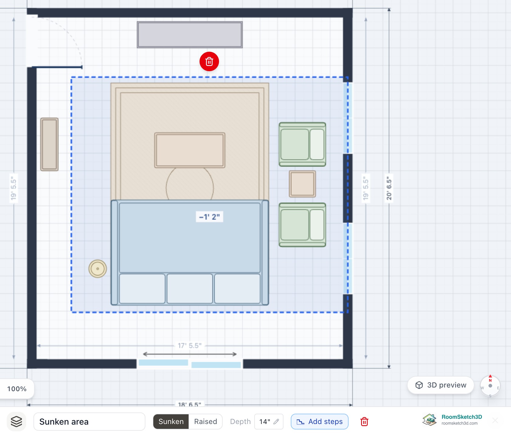 A sunken area on a RoomSketch3D living-room plan labelled minus 1 foot 2 inches, with its panel showing Sunken area, Sunken and Raised, Depth 14 inches, Add steps and a trash can