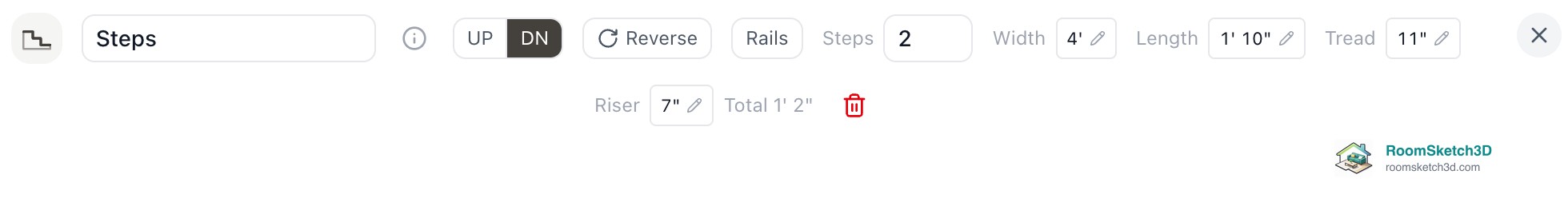 The Steps panel in RoomSketch3D: UP and DN, Reverse, Rails, Steps 2, Width 4 feet, Length 1 foot 10 inches, Tread 11 inches, Riser 7 inches, Total 1 foot 2 inches