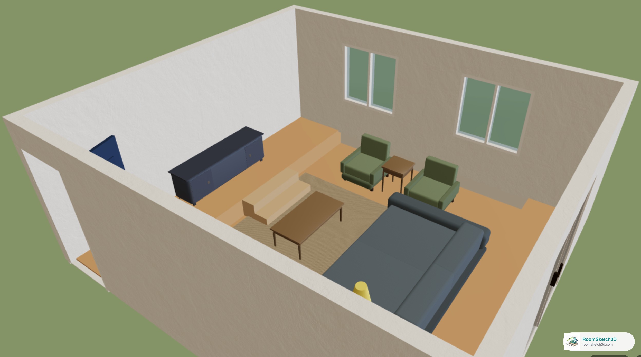 A RoomSketch3D living room in 3D with a sunken conversation pit holding a sofa, coffee table and two armchairs, and two light wooden steps leading down into it