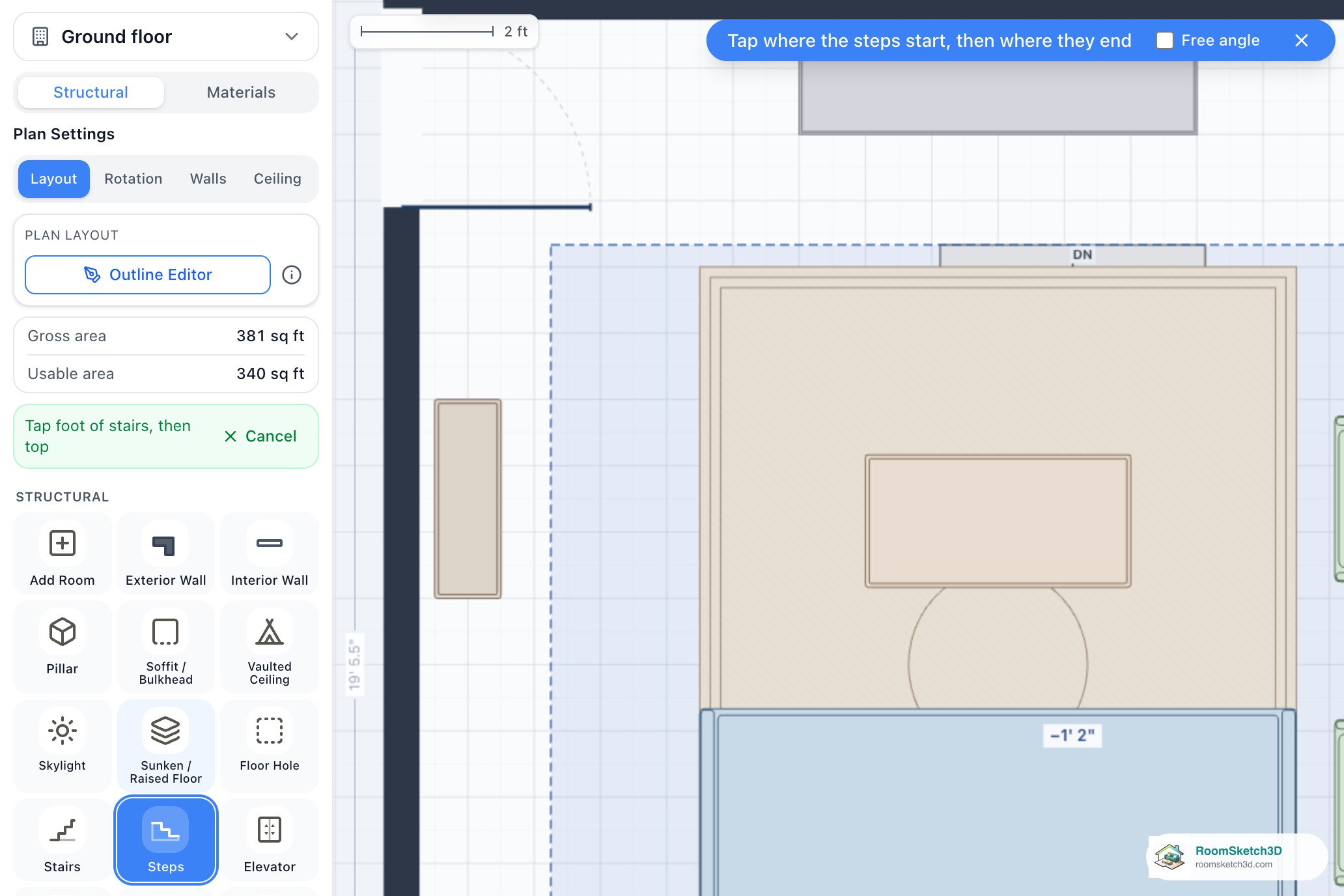 The Steps tile selected in the RoomSketch3D Build panel with the note Tap where the steps start, then where they end