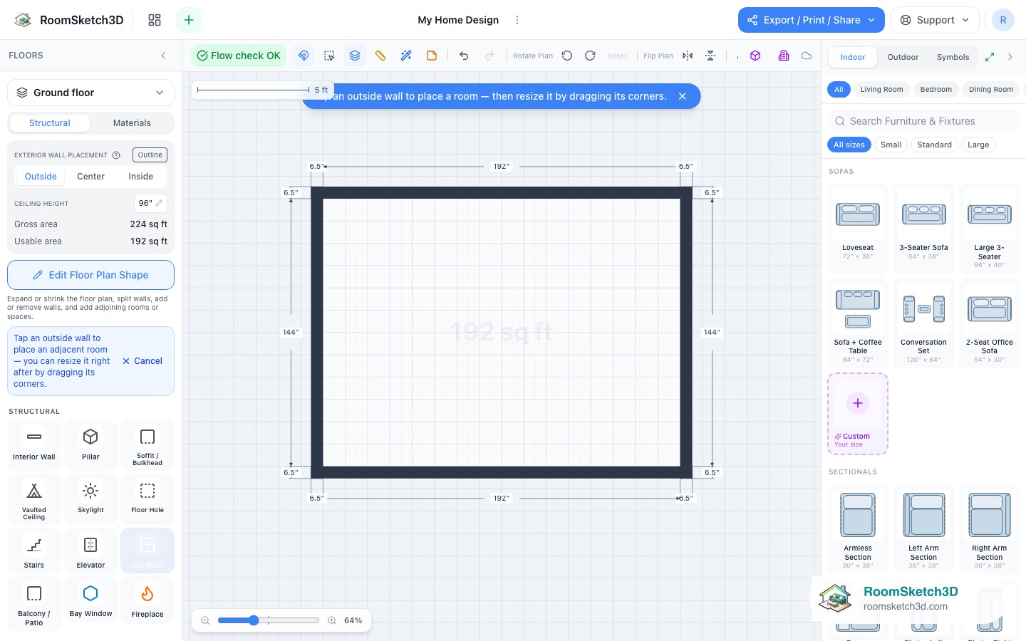 The Add Room tool selected in the RoomSketch3D Build panel with its tap-an-outside-wall banner