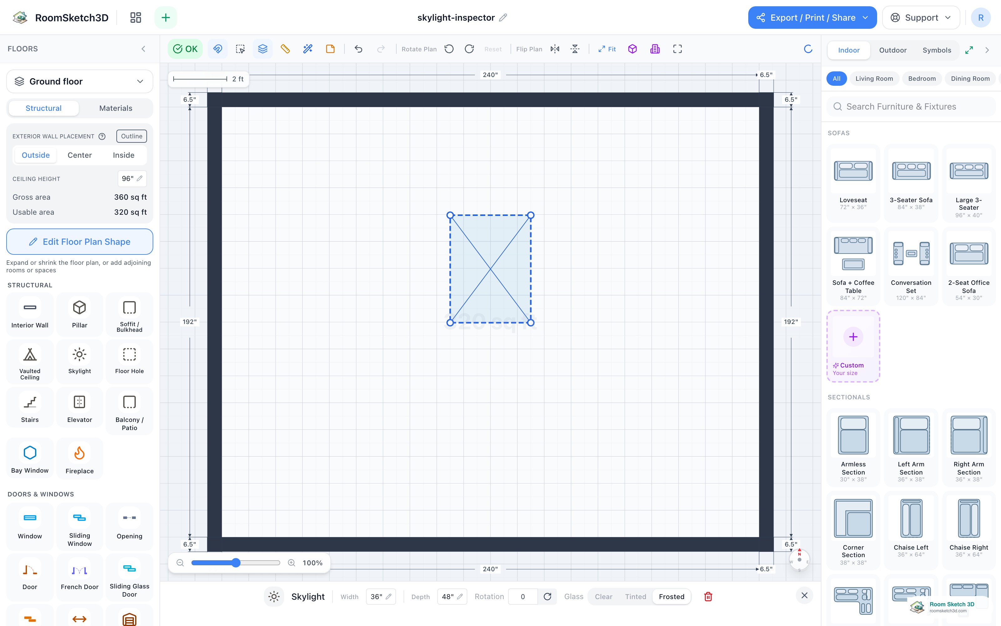 The Skylight inspector showing Width, Depth, Rotation, and Glass chips: Clear, Tinted, Frosted — RoomSketch3D floor planner