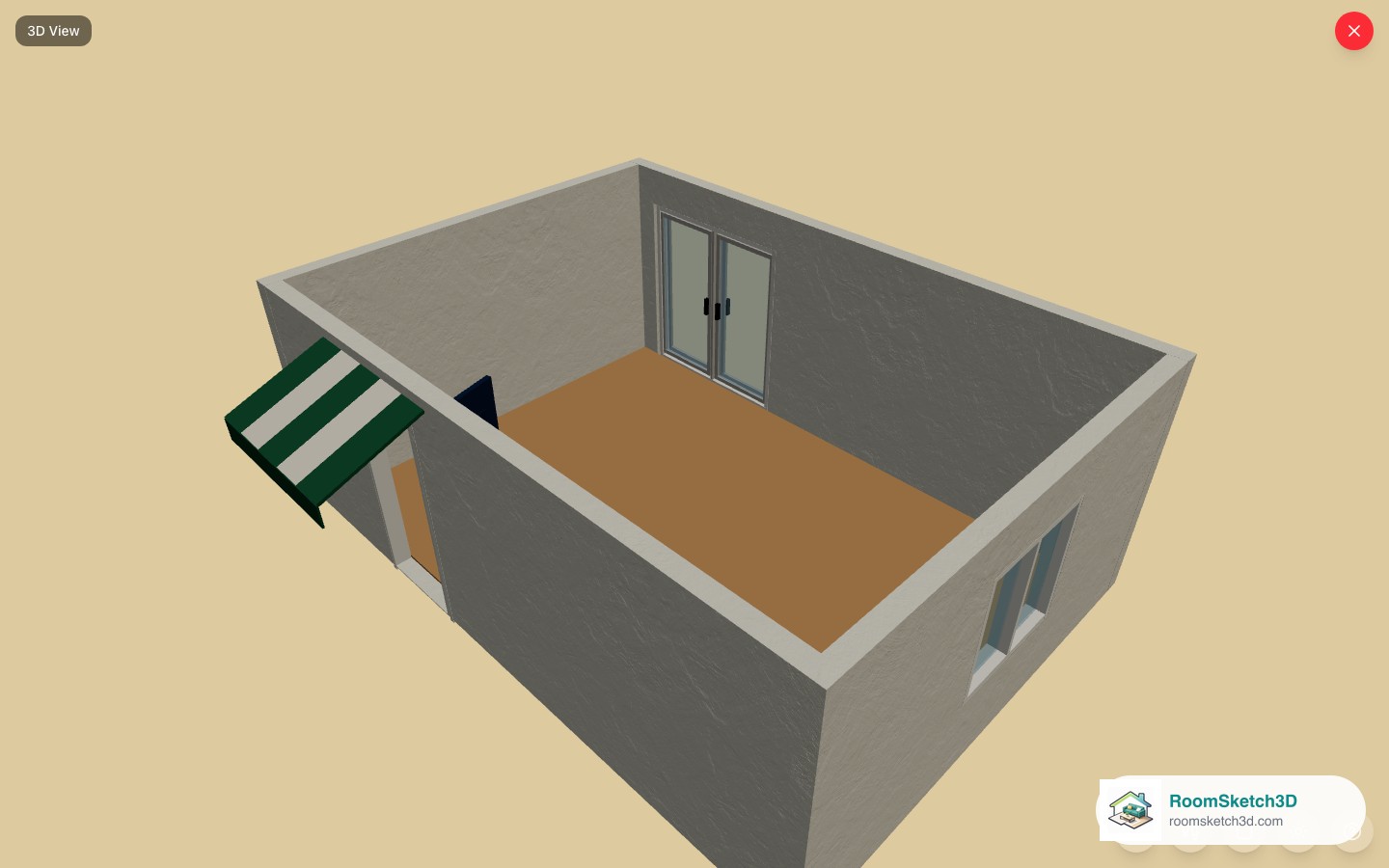 A house in the RoomSketch3D 3D view with a striped door canopy and an extended patio awning