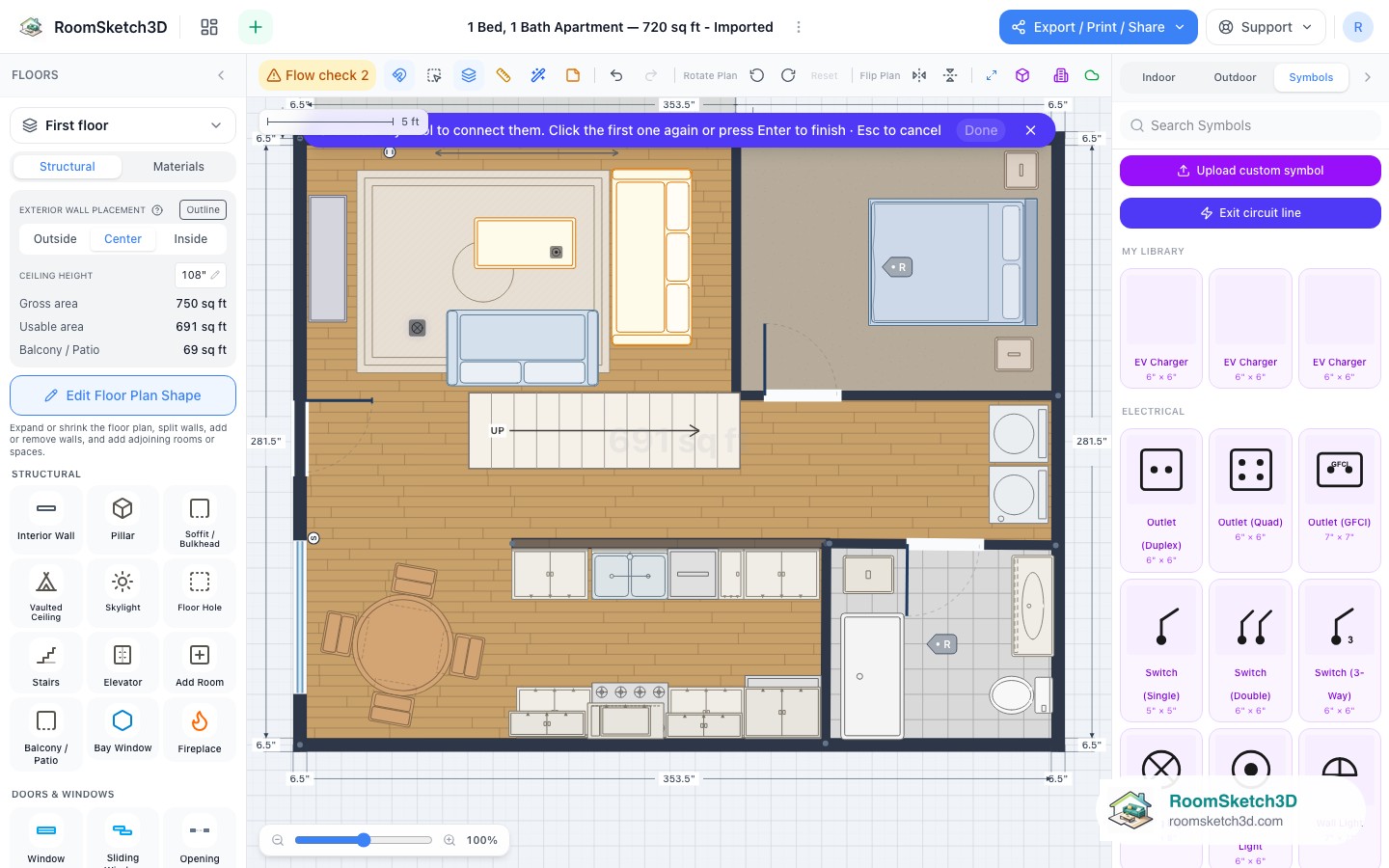 The Circuit line tool armed in RoomSketch3D with the on-plan hint to click each symbol