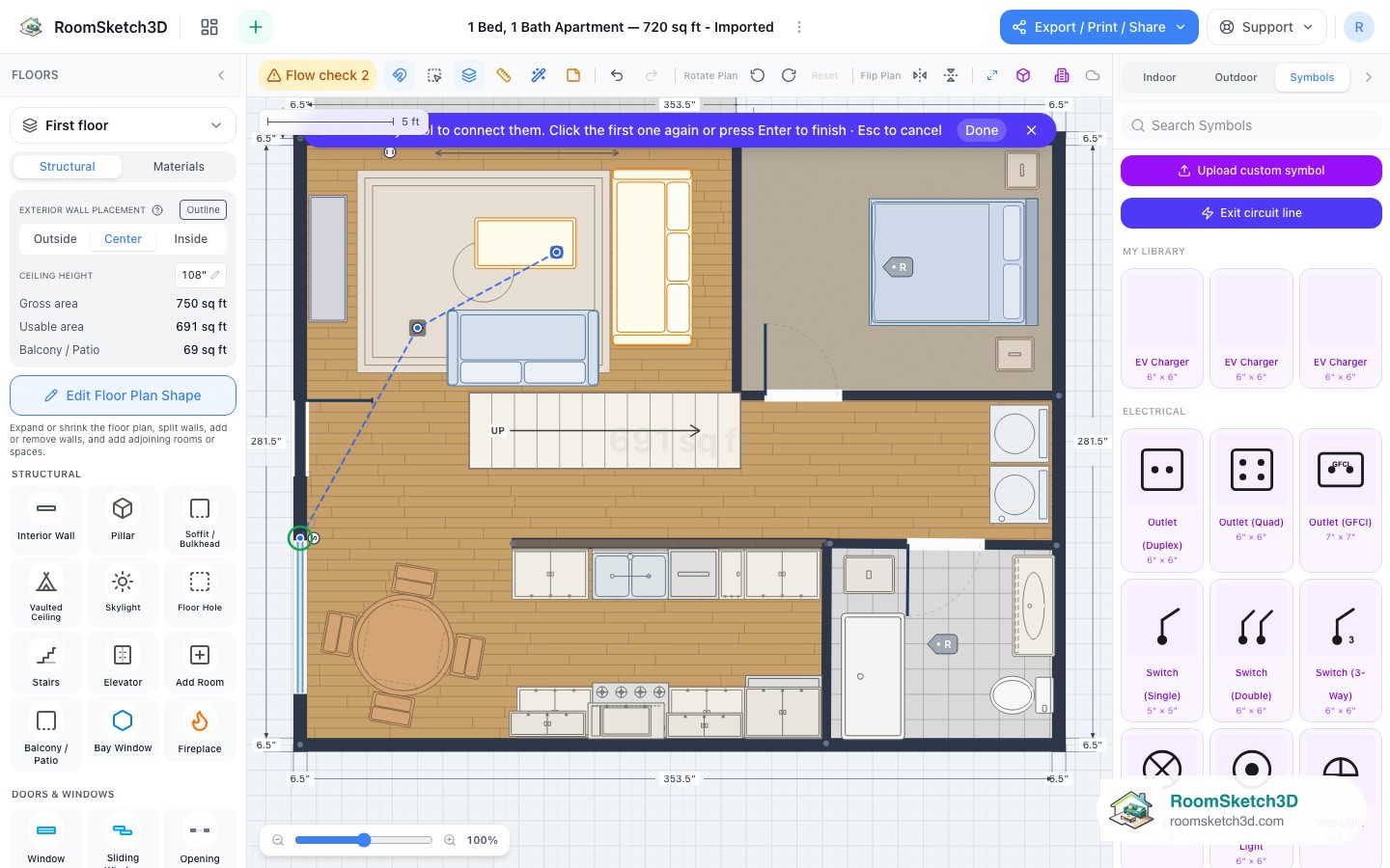 A dashed circuit line being drawn through two outlets, a ceiling light, and a switch on a RoomSketch3D floor plan