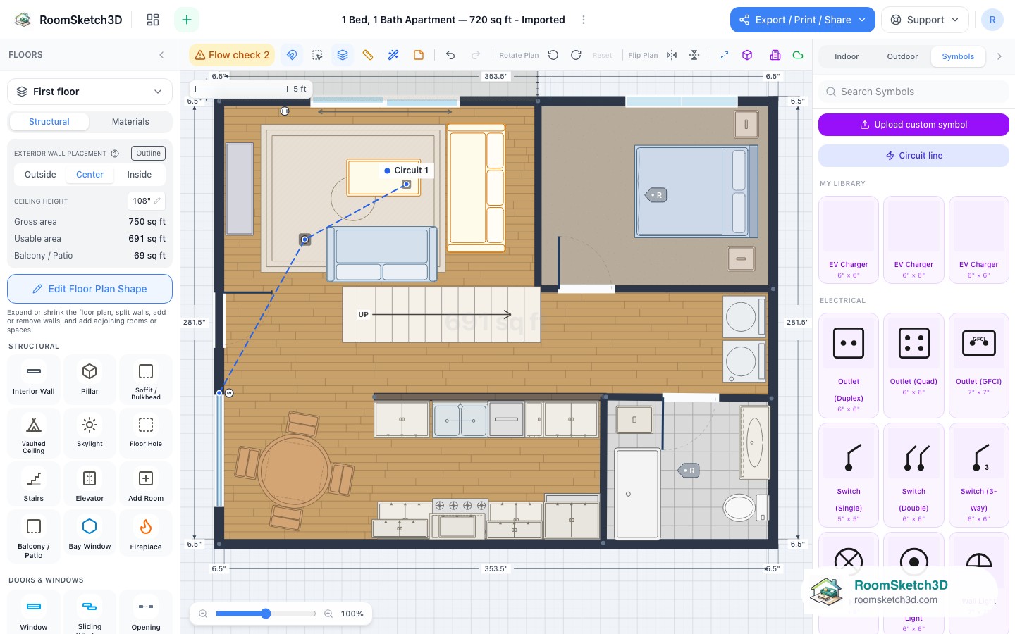 A finished, numbered Circuit 1 line on a RoomSketch3D floor plan