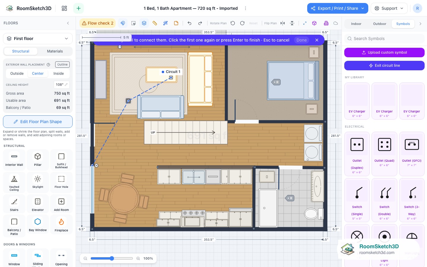 A second circuit draft in RoomSketch3D with the last hop removed by Backspace