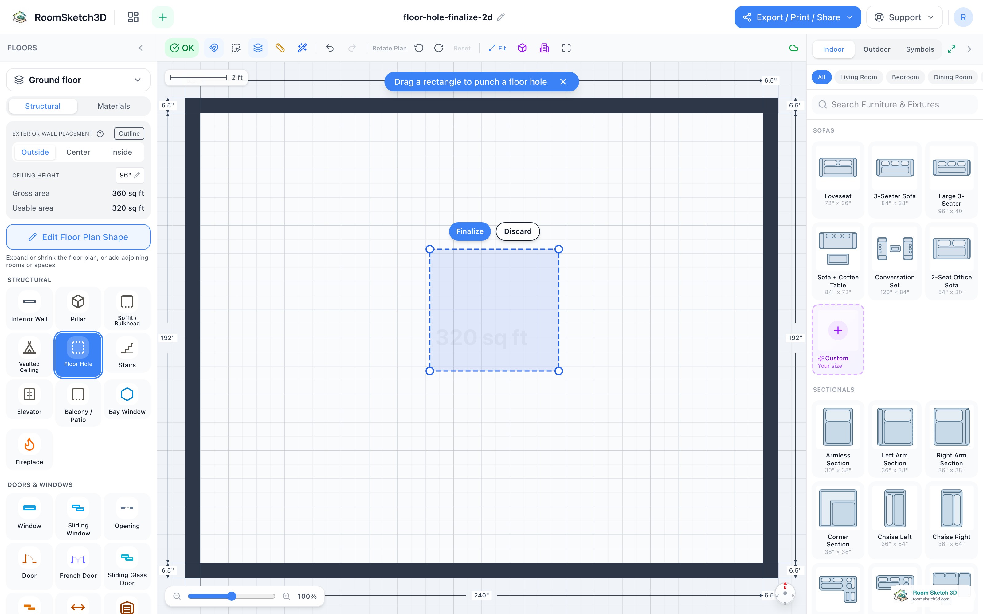The floor-hole draft with the Finalize and Discard buttons floating above it — RoomSketch3D floor planner
