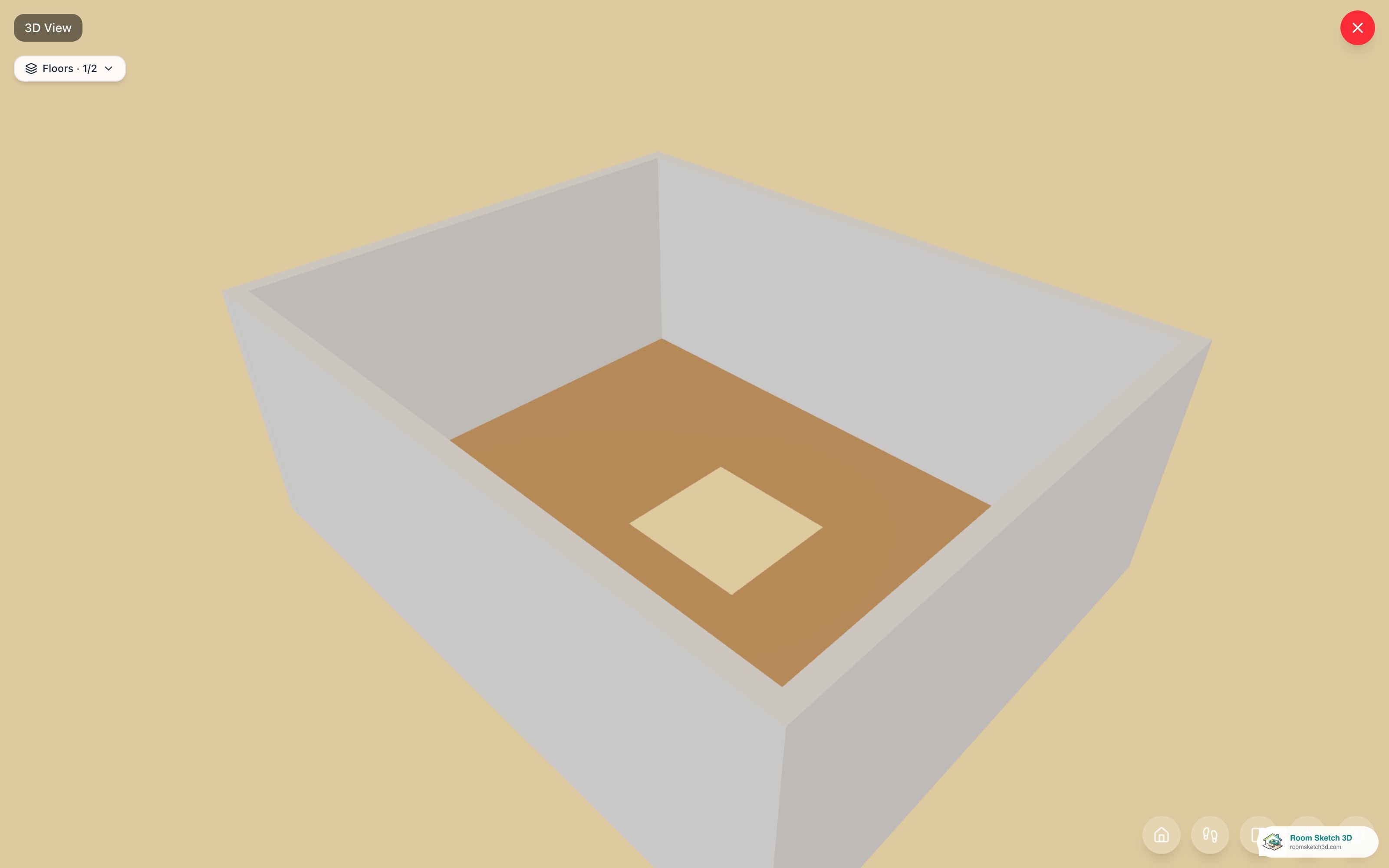 The 3D view looking down through a punched floor opening to the floor below — RoomSketch3D room planner app