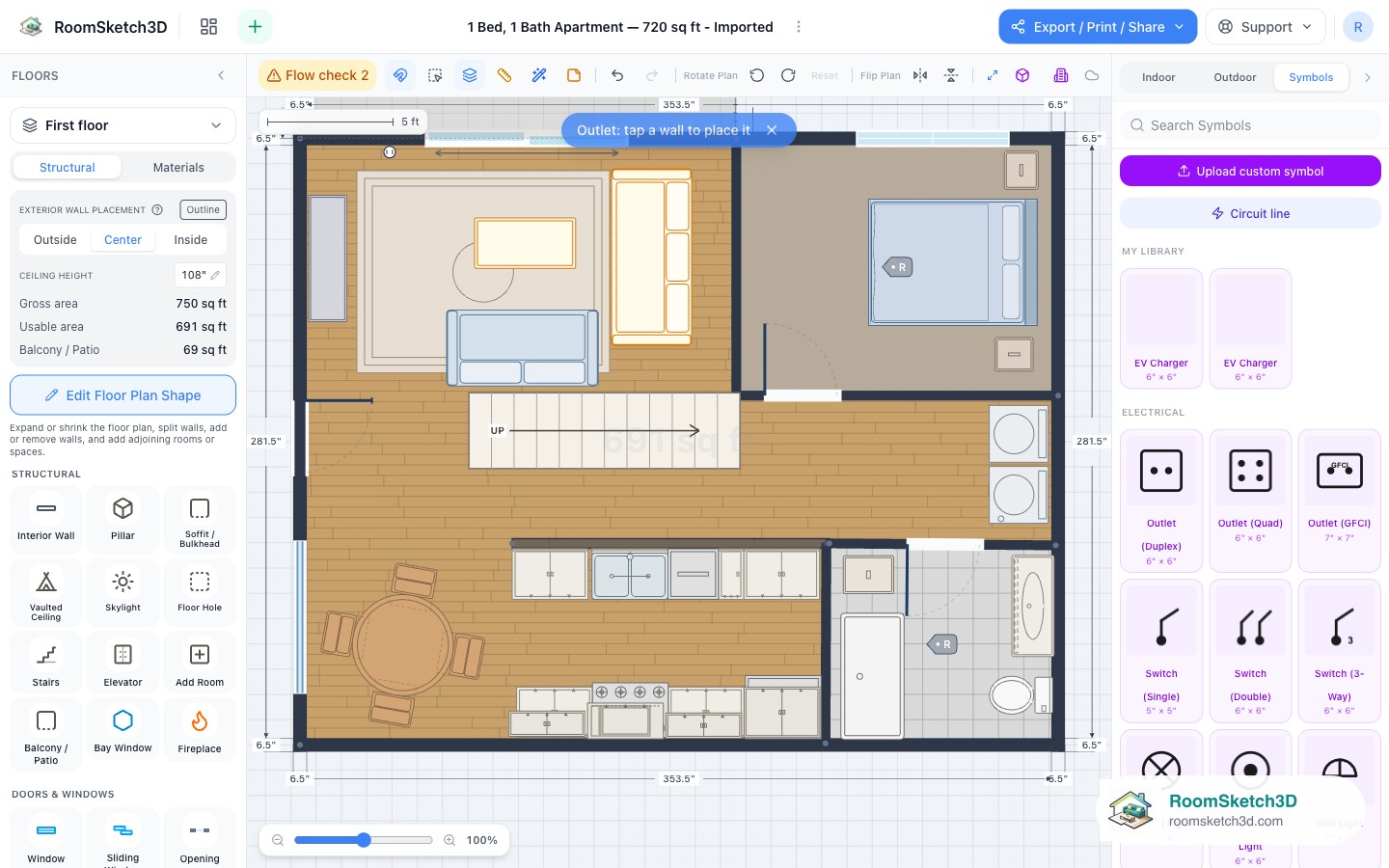 Two duplex outlets placed on an exterior wall of a floor plan in RoomSketch3D with the Outlet inspector open