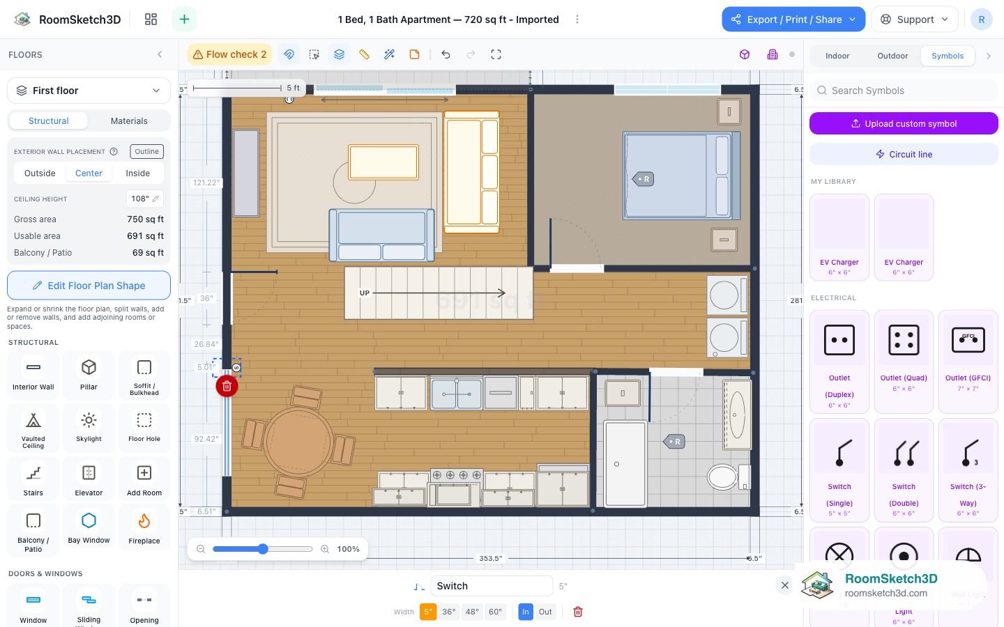 A single switch symbol placed beside an entry door on a RoomSketch3D floor plan