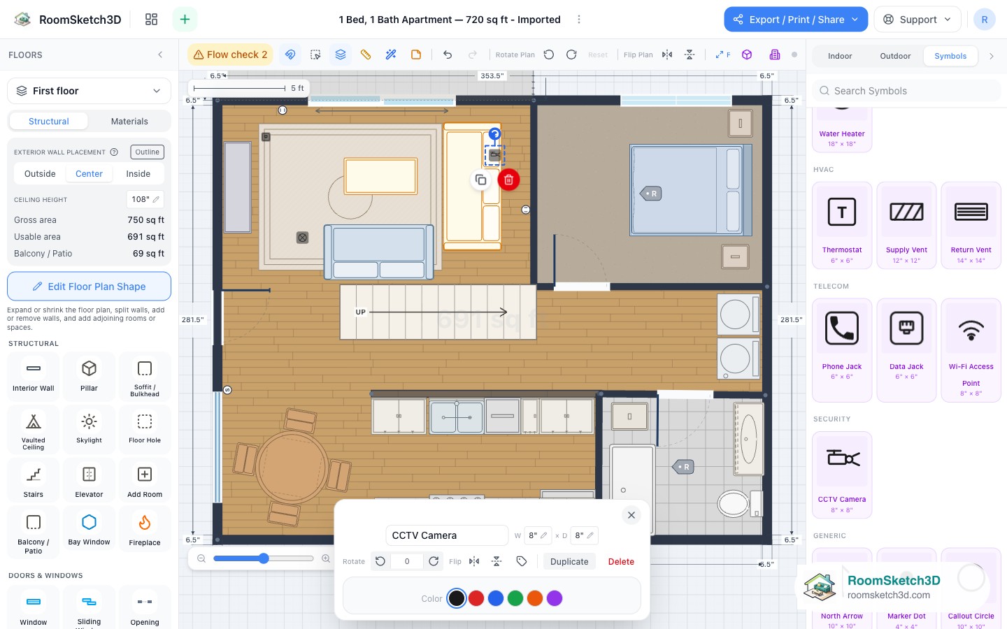 Ceiling light, data jack, and CCTV camera symbols placed around a furnished living room in RoomSketch3D
