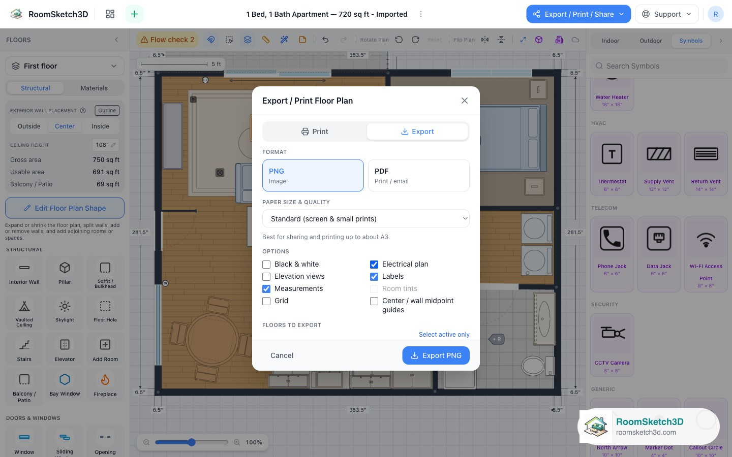 RoomSketch3D export dialog with the Electrical plan style switched on, hiding furniture and fills
