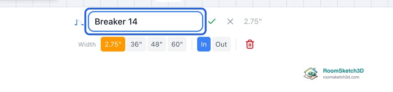 The outlet panel in RoomSketch3D with its name box changed to Breaker 14