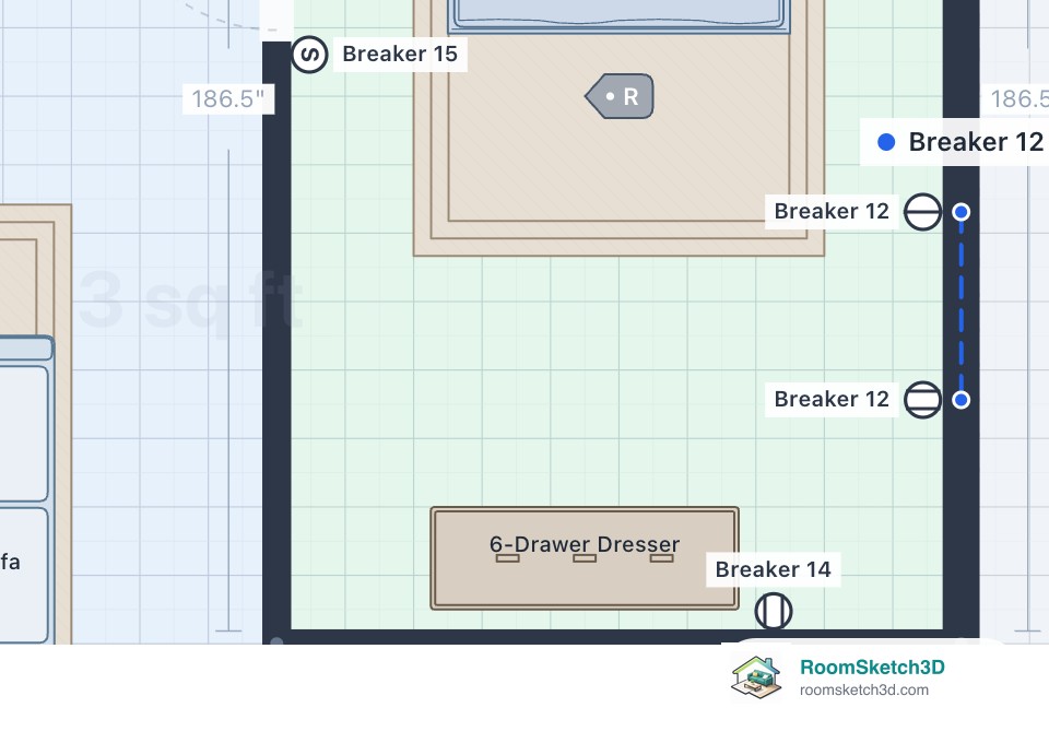 A bedroom on a RoomSketch3D floor plan with outlets and a switch labelled Breaker 12, Breaker 14 and Breaker 15