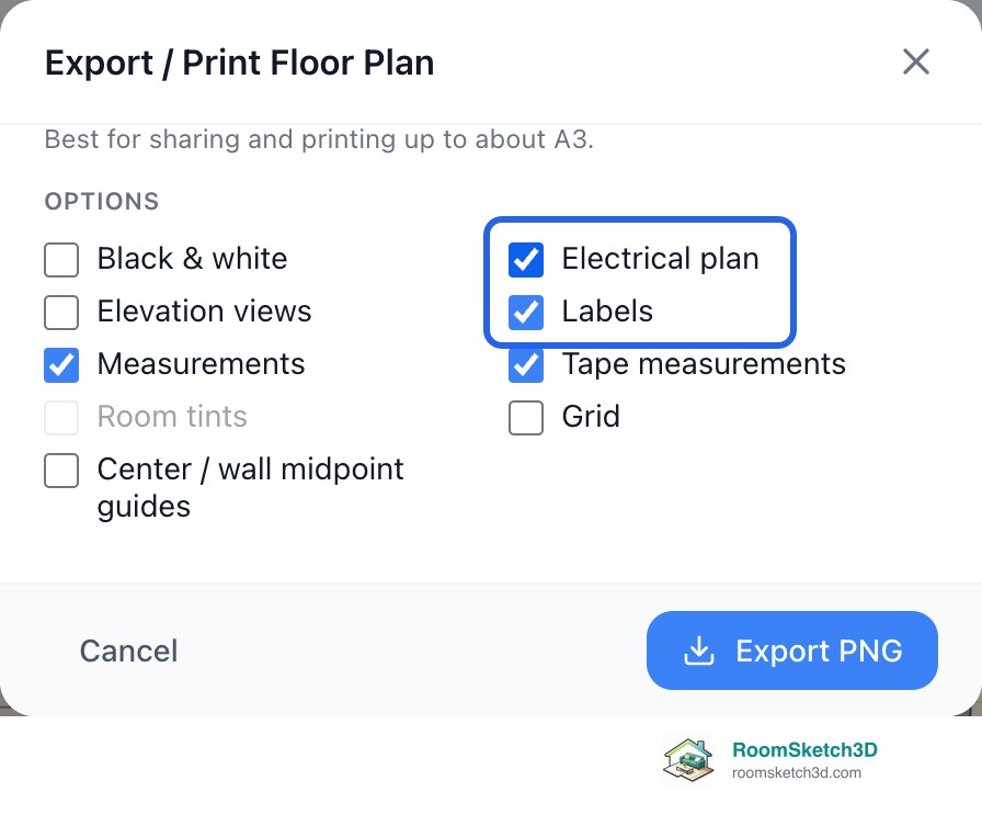 The RoomSketch3D Export / Print Floor Plan dialog with Electrical plan and Labels ticked