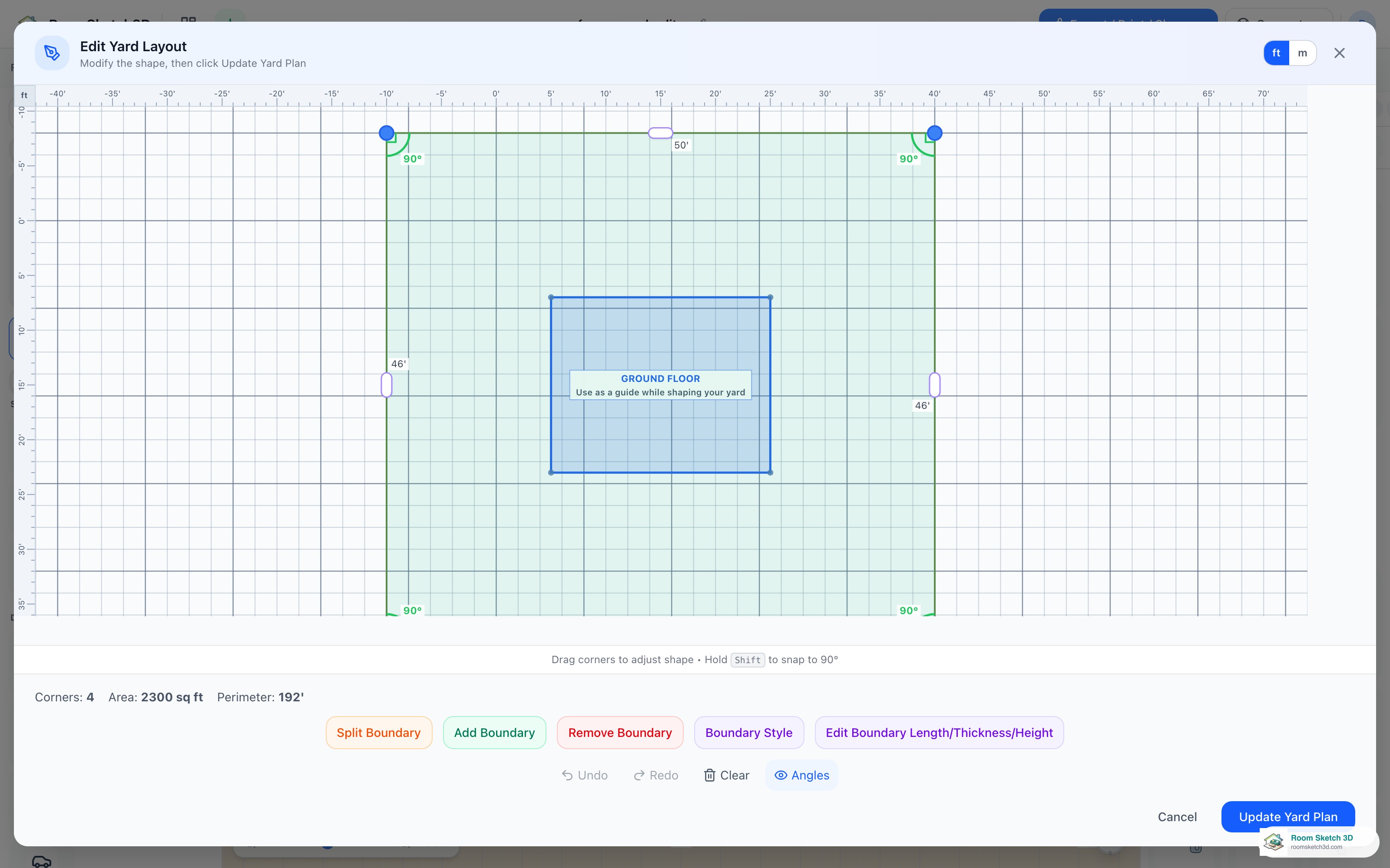 The Edit Yard Layout editor showing the property boundary around the house
