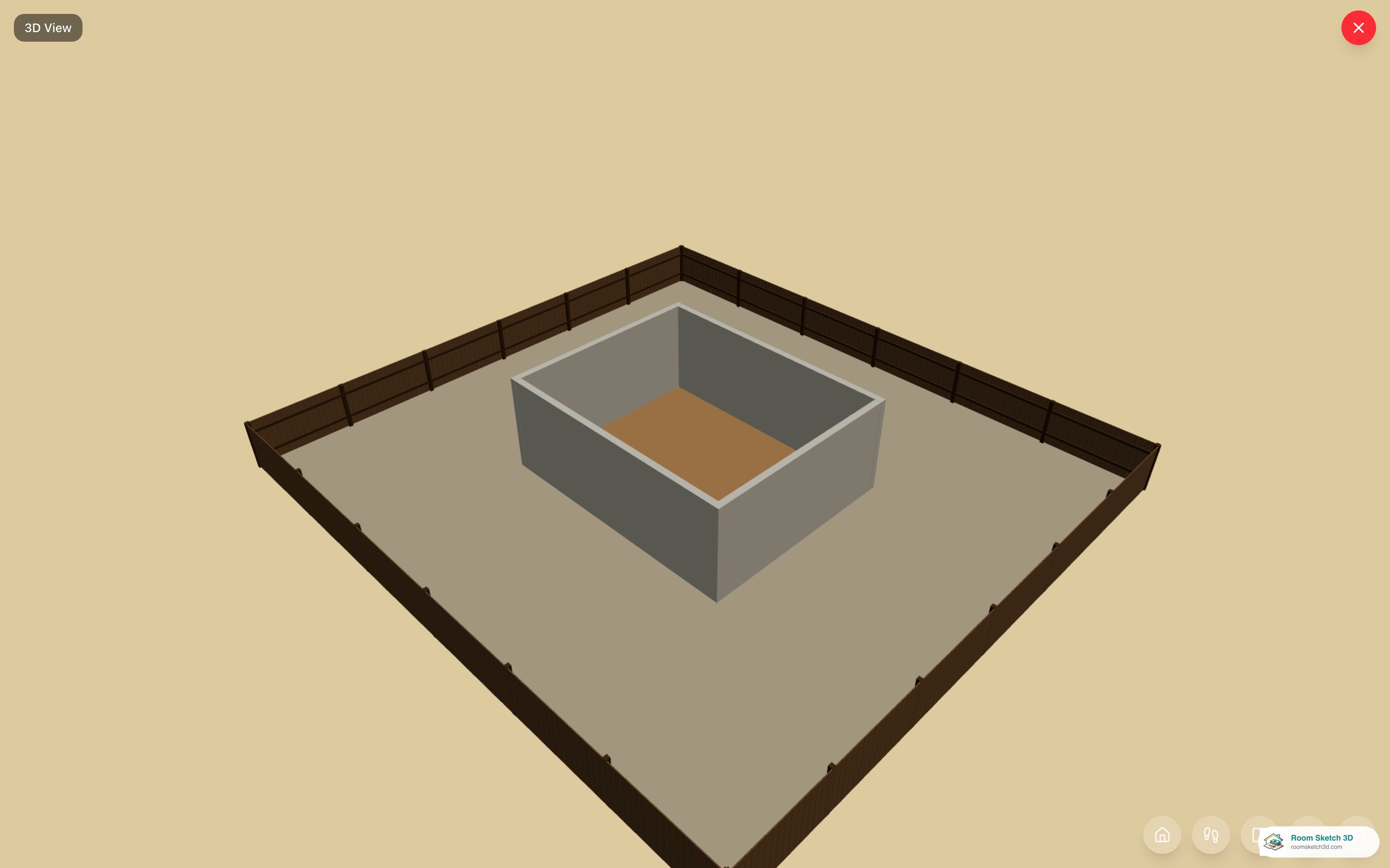The 3D view showing the house inside a fenced yard