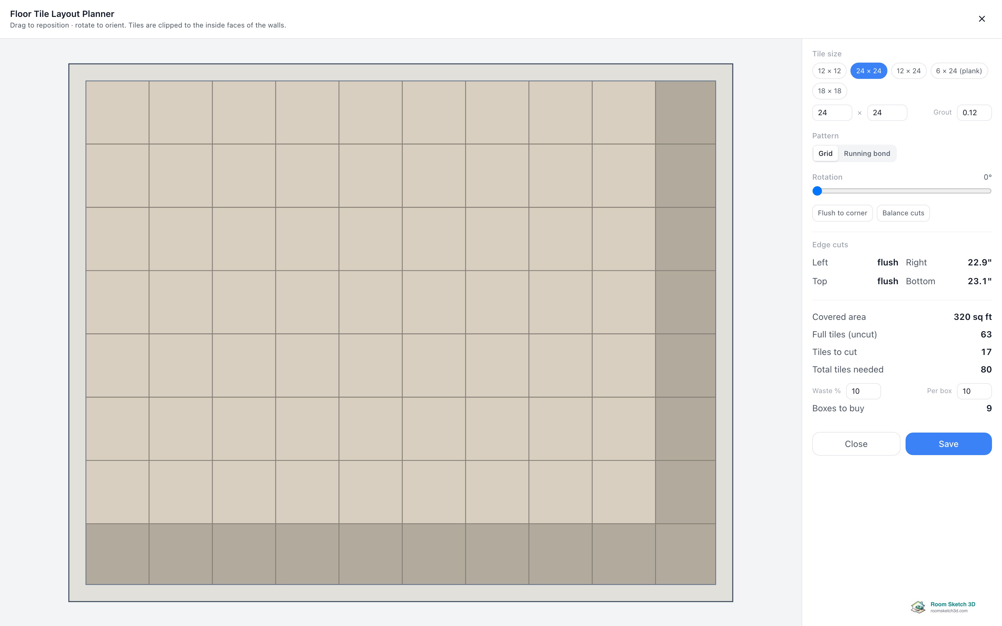 The Tile size presets and grout field with the tile grid drawn on the room — RoomSketch3D floor plan creator