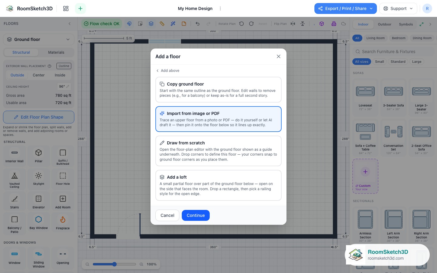 The Add a floor dialog in RoomSketch3D with Import from image or PDF selected