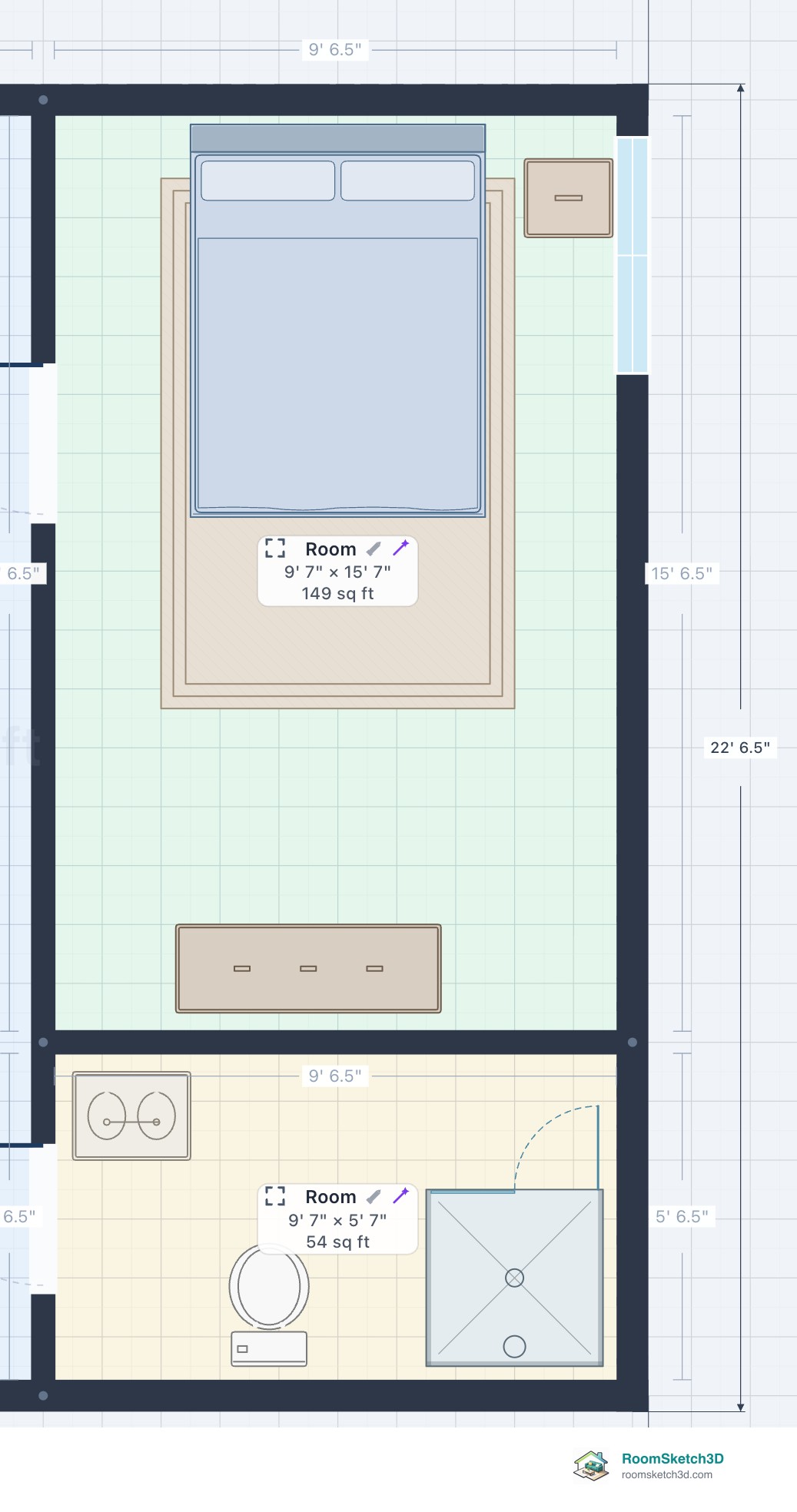 The Small 1-Bedroom Apartment plan with outside measurements around the house, inside measurements for each room, and room labels showing size and area — RoomSketch3D 3D floorplan software