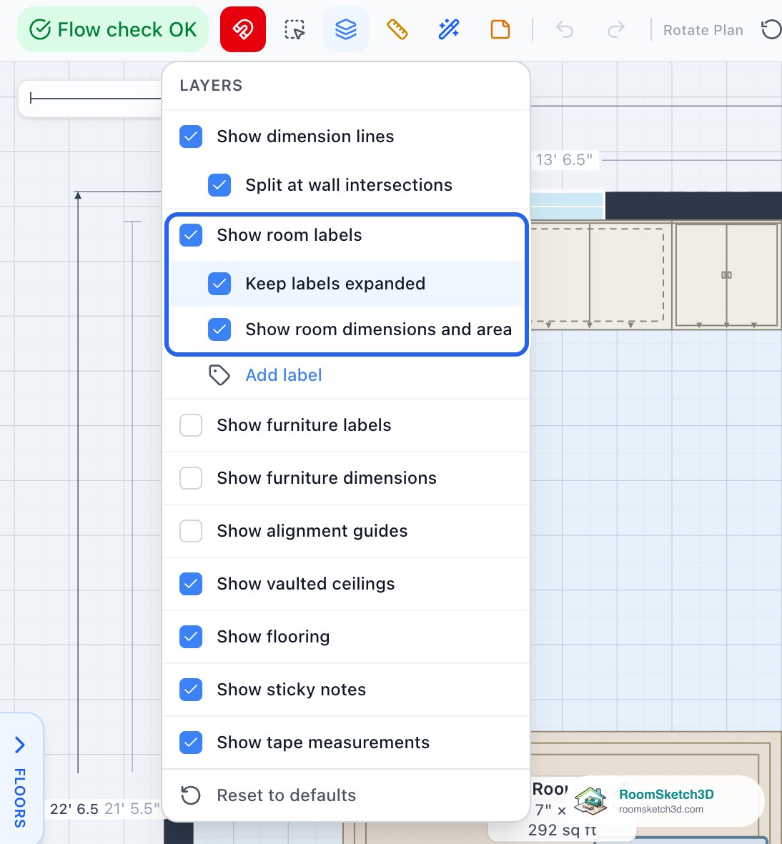 The Layers menu open with Show room labels, Keep labels expanded and Show room dimensions and area ticked — RoomSketch3D 3D floorplan software