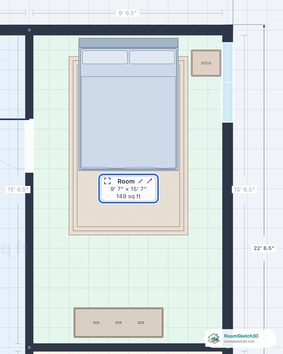 A room label on the bedroom showing Room, 9 feet 7 inches by 15 feet 7 inches, 149 square feet — RoomSketch3D floor planner