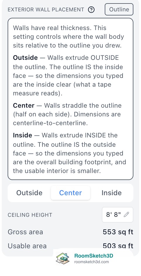 The Exterior wall placement help text open in the left panel explaining Outside, Center and Inside — RoomSketch3D floor planner