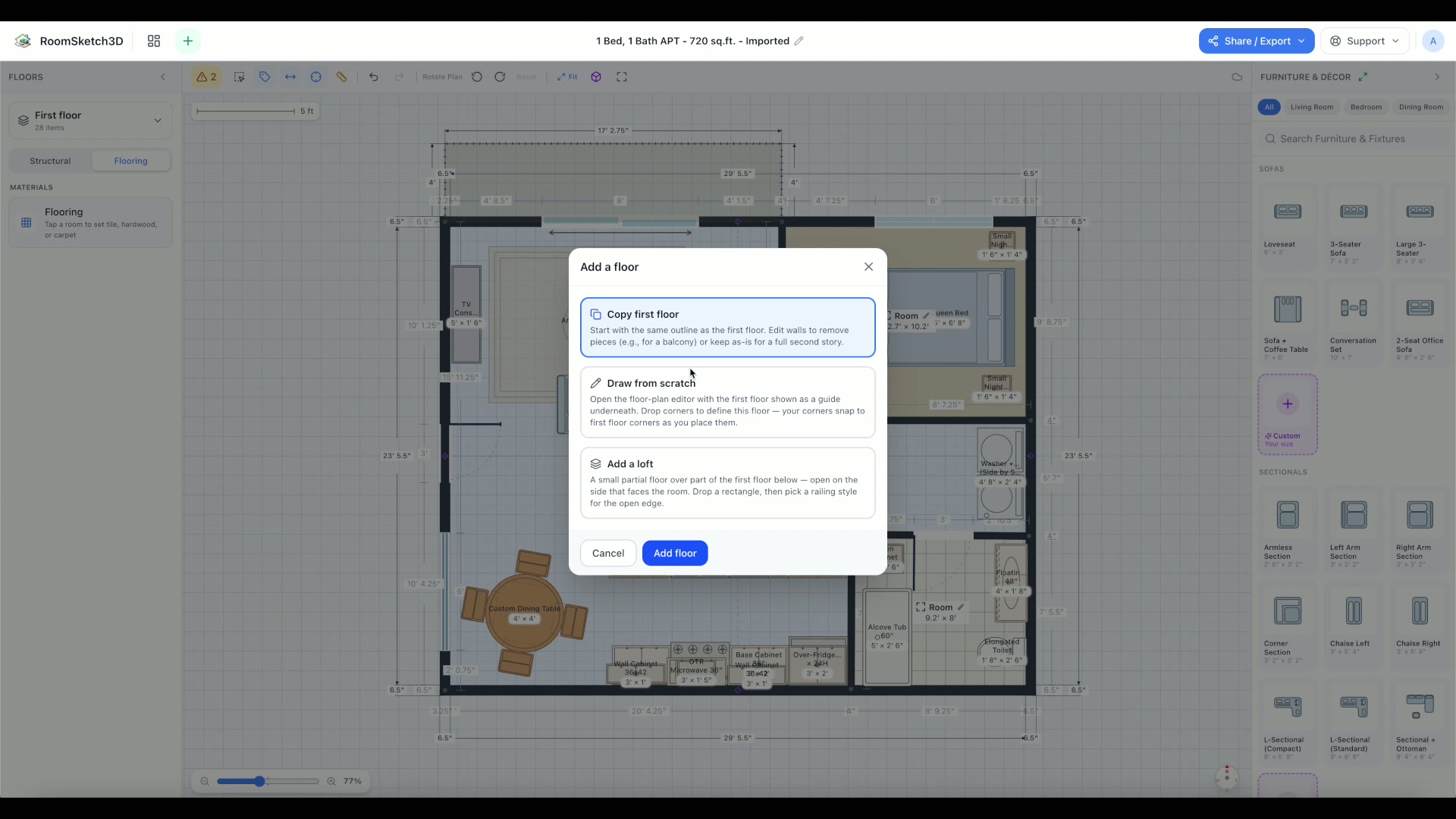 The Add a floor dialog showing Copy first floor, Draw from scratch, and Add a loft options
