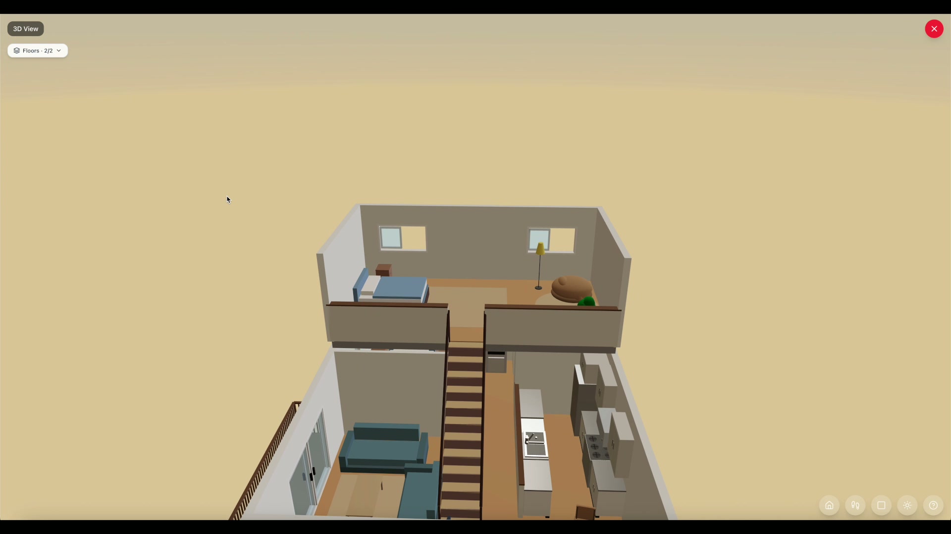 3D view of a finished two-story home with a furnished loft connected to the lower floor by a staircase