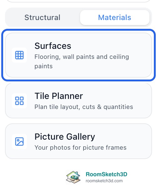 The Materials tab of the left panel in RoomSketch3D with the Surfaces tile highlighted, above Tile Planner and Picture Gallery