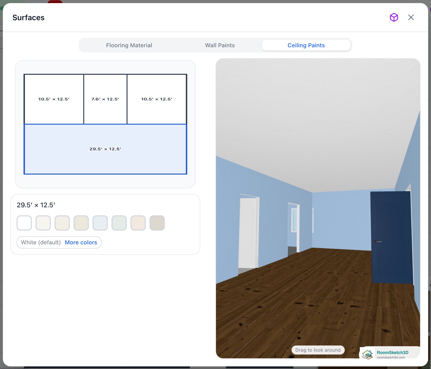 The Surfaces popup on the Ceiling Paints tab with the living room selected on the small plan, a row of ceiling white swatches, and the live 3D view of that room's ceiling on the right — RoomSketch3D 3D floorplan software