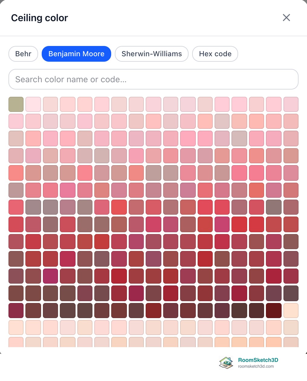 The Ceiling color picker with Behr, Benjamin Moore, Sherwin-Williams and Hex code tabs, a search box and a grid of paint swatches — RoomSketch3D floor planner