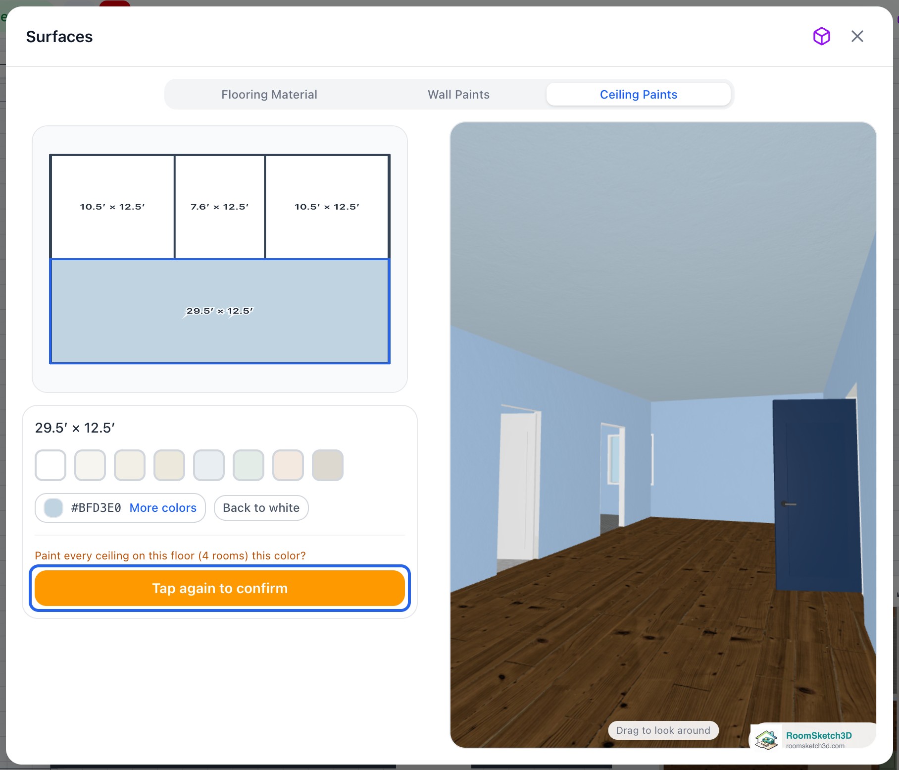 The Ceiling Paints tab after one tap on Apply to all rooms: the question Paint every ceiling on this floor (4 rooms) this color? and the button reading Tap again to confirm, highlighted — RoomSketch3D 3D floorplan software