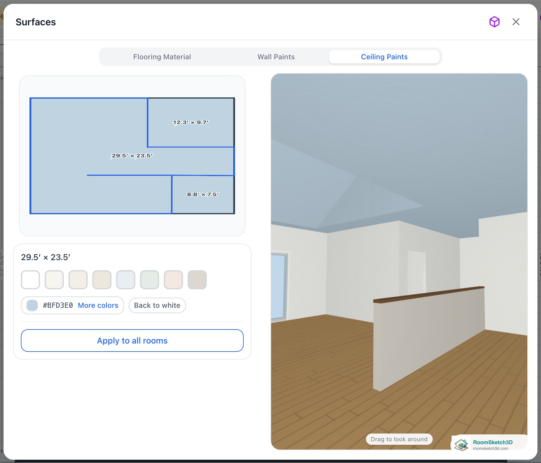 The Ceiling Paints tab with every room painted pale blue and the live 3D view looking up at a cathedral vault in the living room, its sloped planes in the same pale blue — RoomSketch3D home design app