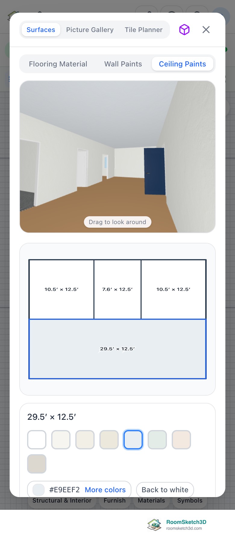 The phone layout: the Materials popup on Surfaces → Ceiling Paints, the live 3D view of the ceiling on top, the small plan with the living room selected, and the ceiling white swatches below — RoomSketch3D 3D floorplan software