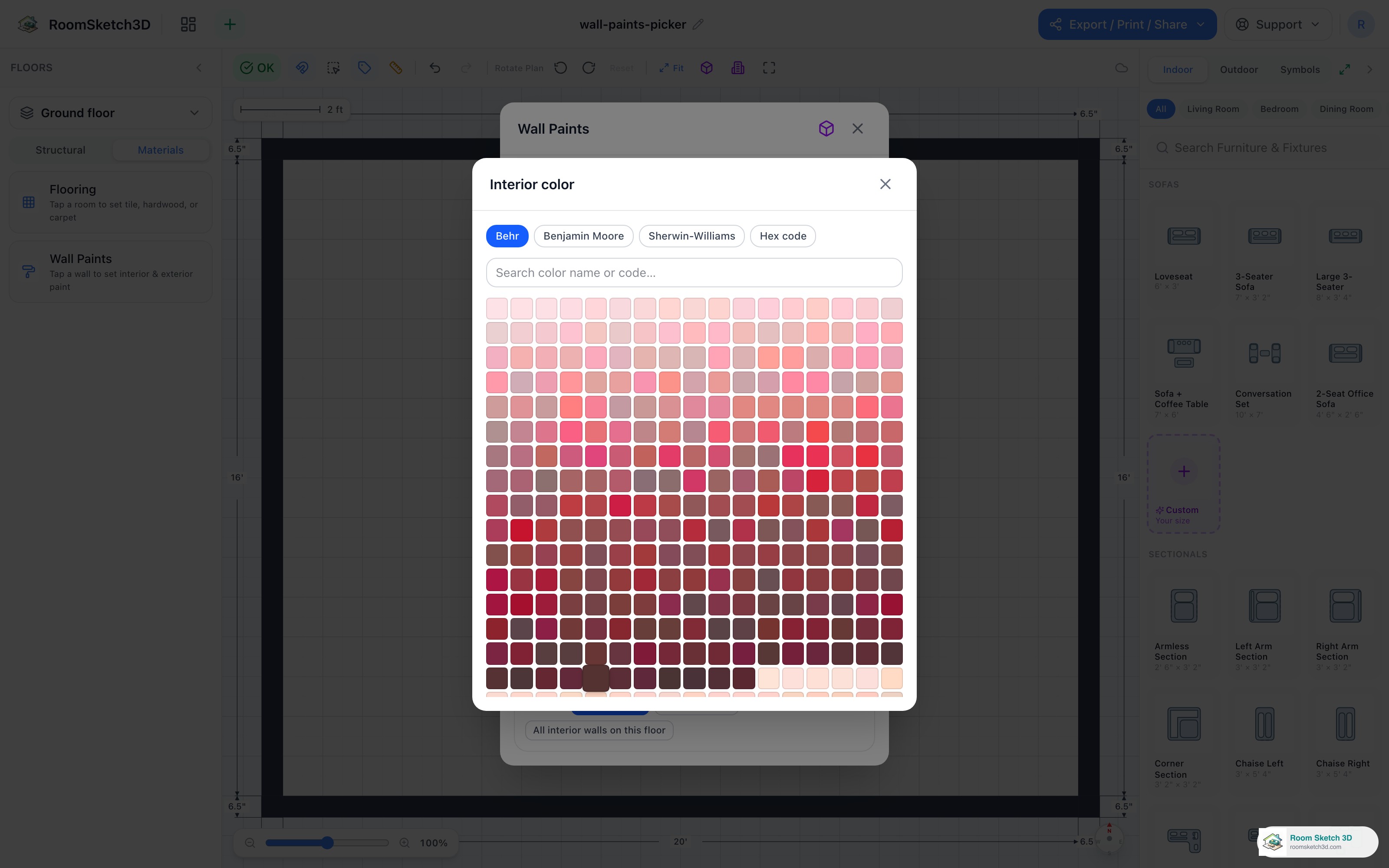 The brand color picker showing the Behr color grid with search